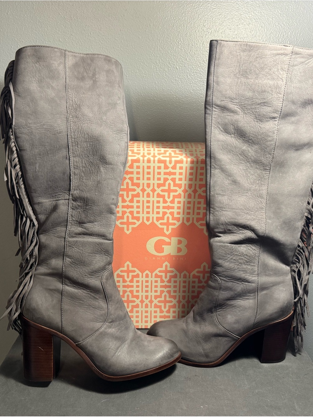 Gianni Bini Light Gray Fringe Over-the-Knee Leather Boots
